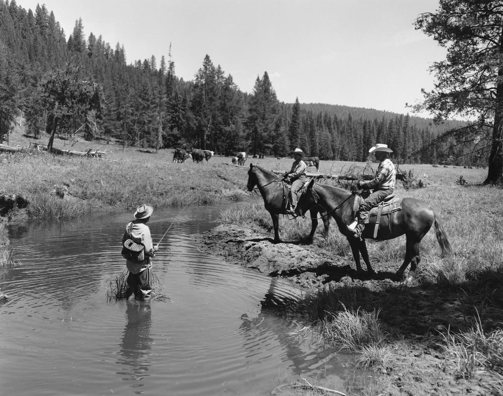 Two cowboys grazing a herd of cattle talk to a fisherman in a pond. Umatilla National Forest, Oregon. | Location: Dale ranger district, Umatilla National Forest, Oregon, USA. (Photo by © CORBIS/Corbis via Getty Images)