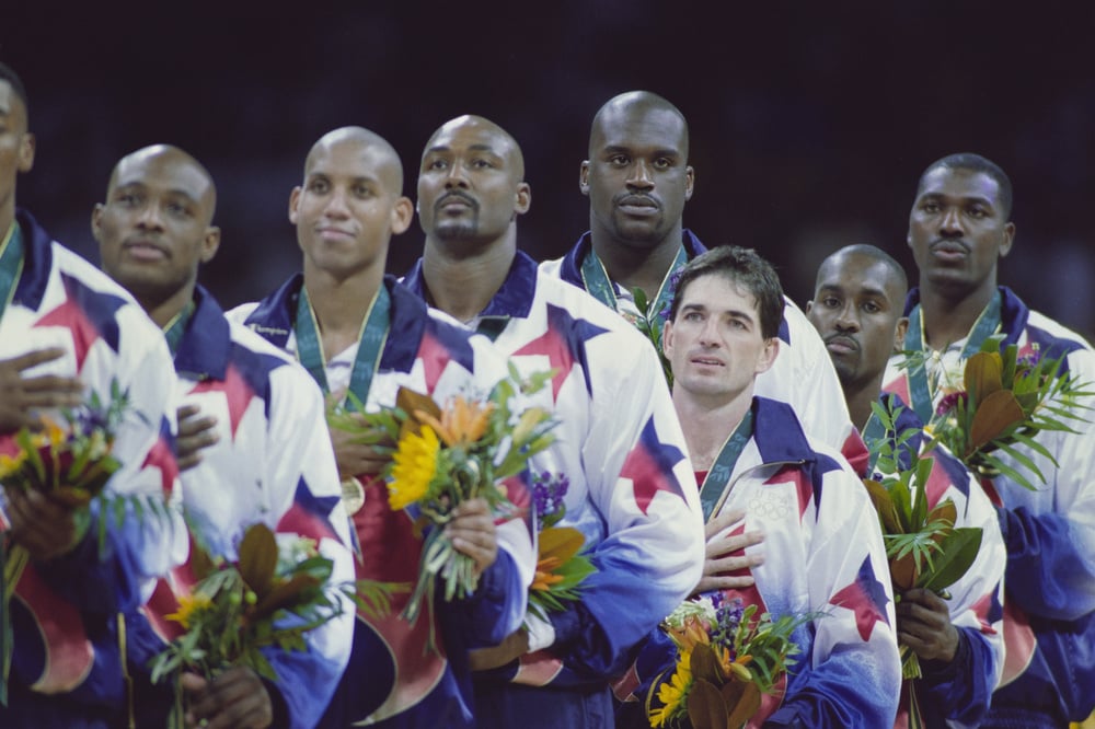 L - R,  Mitch Richmond, Reggie Miller, Karl Malone, John Stockton, Shaquille O