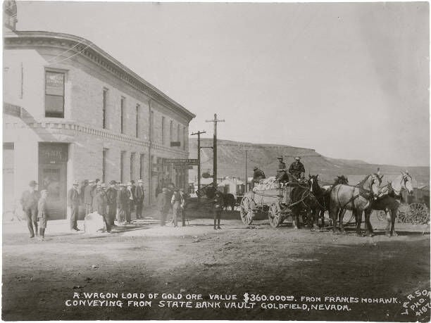 Goldfield, Nevada Photograph Of Armed Guards Riding With A Wagon Of Gold Ore. Photo Is Captioned By Larson,