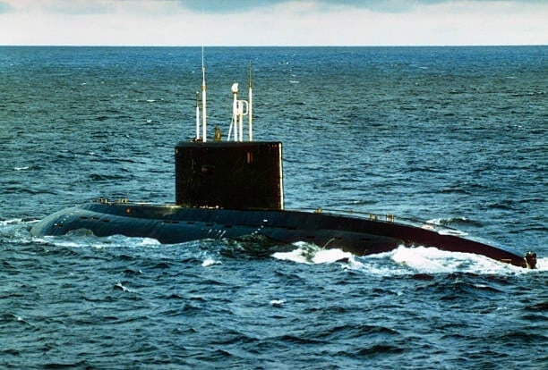 A Soviet Kilo class patrol submarine underway on the surface, 1989. | Location: in the ocean. (Photo by © CORBIS/Corbis via Getty Images)
