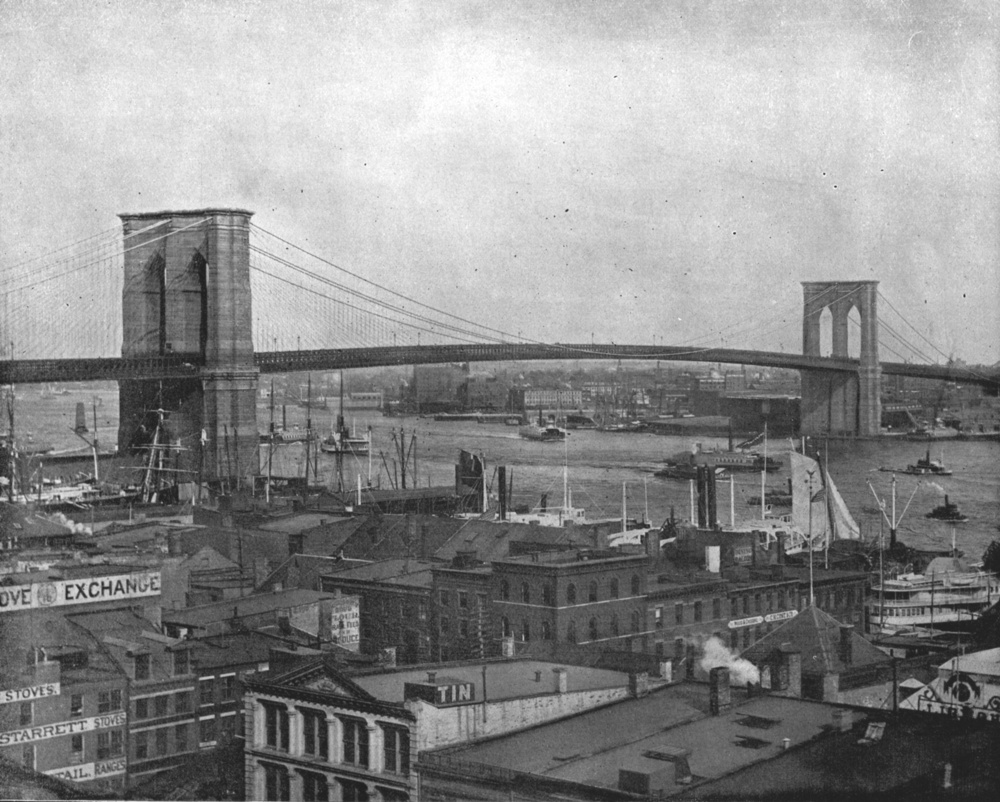Brooklyn Bridge, New York, USA, circa 1900. Cable-stayed/suspension bridge over the East River. Started in 1869, it is one of the oldest road bridges in the United States. From Scenic Marvels of the New World edited by Prof. Geo.R. Cromwell. [C.N.Greig & Co., circa 1900]. Artist Unknown. (Photo by The Print Collector/Getty Images)