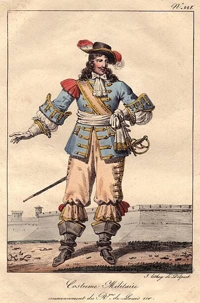 Circa 1670, Military costume at the time of the reign of Louis XIV. (Photo by Hulton Archive/Getty Images)