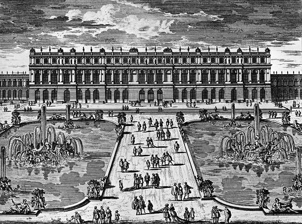 Circa 1750, The Garden front of the Palace of Versailles. Engraving by Langlois after Perelle (Photo by Hulton Archive/Getty Images)