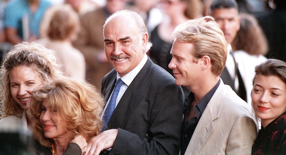 Scottish actor Sean Connery with his wife Micheline, his son Jason Connery and actress Mia Sara (right), circa 1995. (Photo by Kypros/Getty Images)