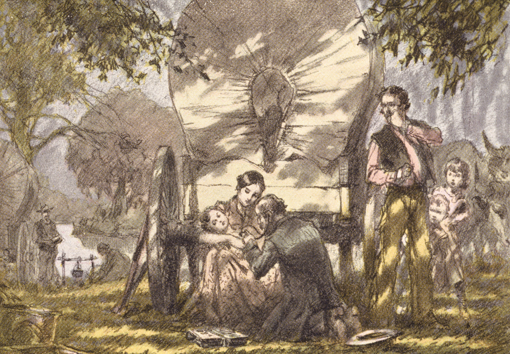 Illustration of a doctor treating a sick child of a family of American pioneers in Texas, circa 1870s. (Photo by Blank Archives/Getty Images)