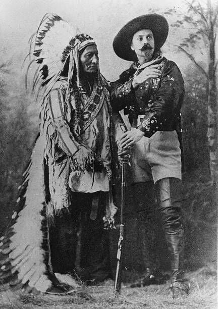 circa 1890:  American showman William Frederick Cody, known as Buffalo Bill (1846 - 1917) with Sioux leader Sitting Bull. Cody employed Sitting Bull as one of the main attractions in his travelling show which depicted life in the American West.  (Photo by D. F. Barry/Hulton Archive/Getty Images)