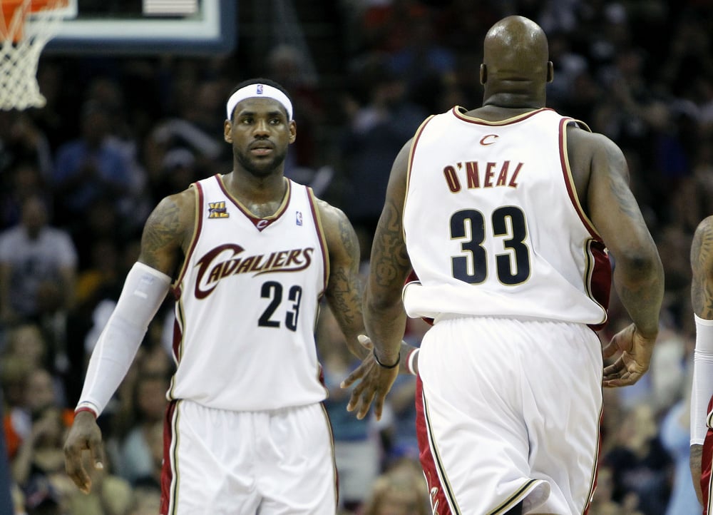 CLEVELAND - MAY 01:  LeBron James #23 of the Cleveland Cavaliers congratulates Shaquille O