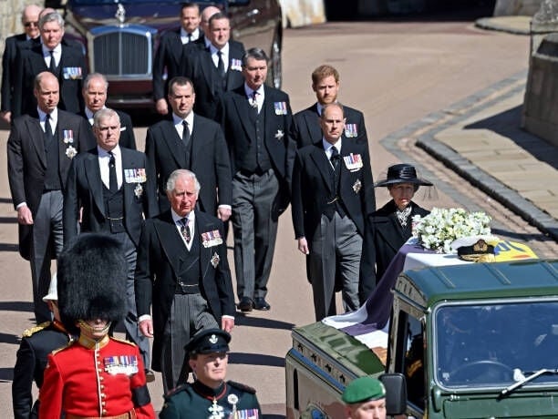 WINDSOR, UNITED KINGDOM - APRIL 17: (EMBARGOED FOR PUBLICATION IN UK NEWSPAPERS UNTIL 24 HOURS AFTER CREATE DATE AND TIME) Prince Charles, Prince of Wales, Princess Anne, Princess Royal, Prince Andrew, Duke of York, Prince Edward, Earl of Wessex, Prince William, Duke of Cambridge, Peter Phillips, Prince Harry, Duke of Sussex, David Armstrong-Jones, 2nd Earl of Snowdon and Vice Admiral Sir Timothy Laurence follow Prince Philip, Duke of Edinburgh