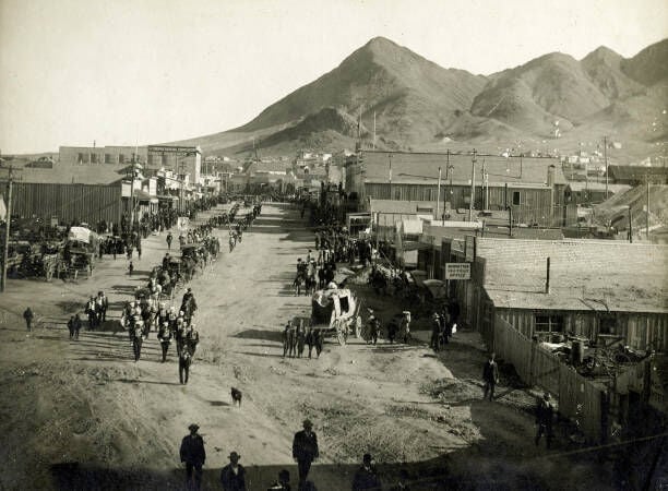 Street Scene showing the funeral of Sheriff Thomas Logan. Tonopah, Nevada, 1906. Sheriff
